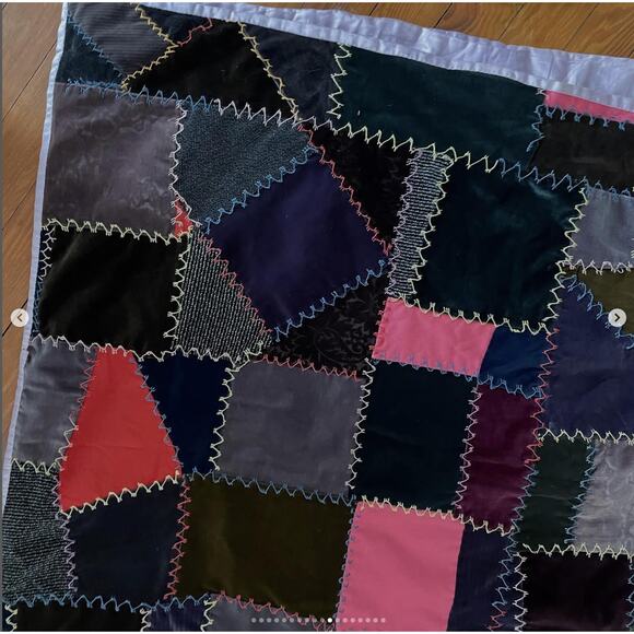 Antique Vintage Velvet Crazy Quilt Patchwork Hand Stitched Brown Purple Silky - Picture 11 of 16